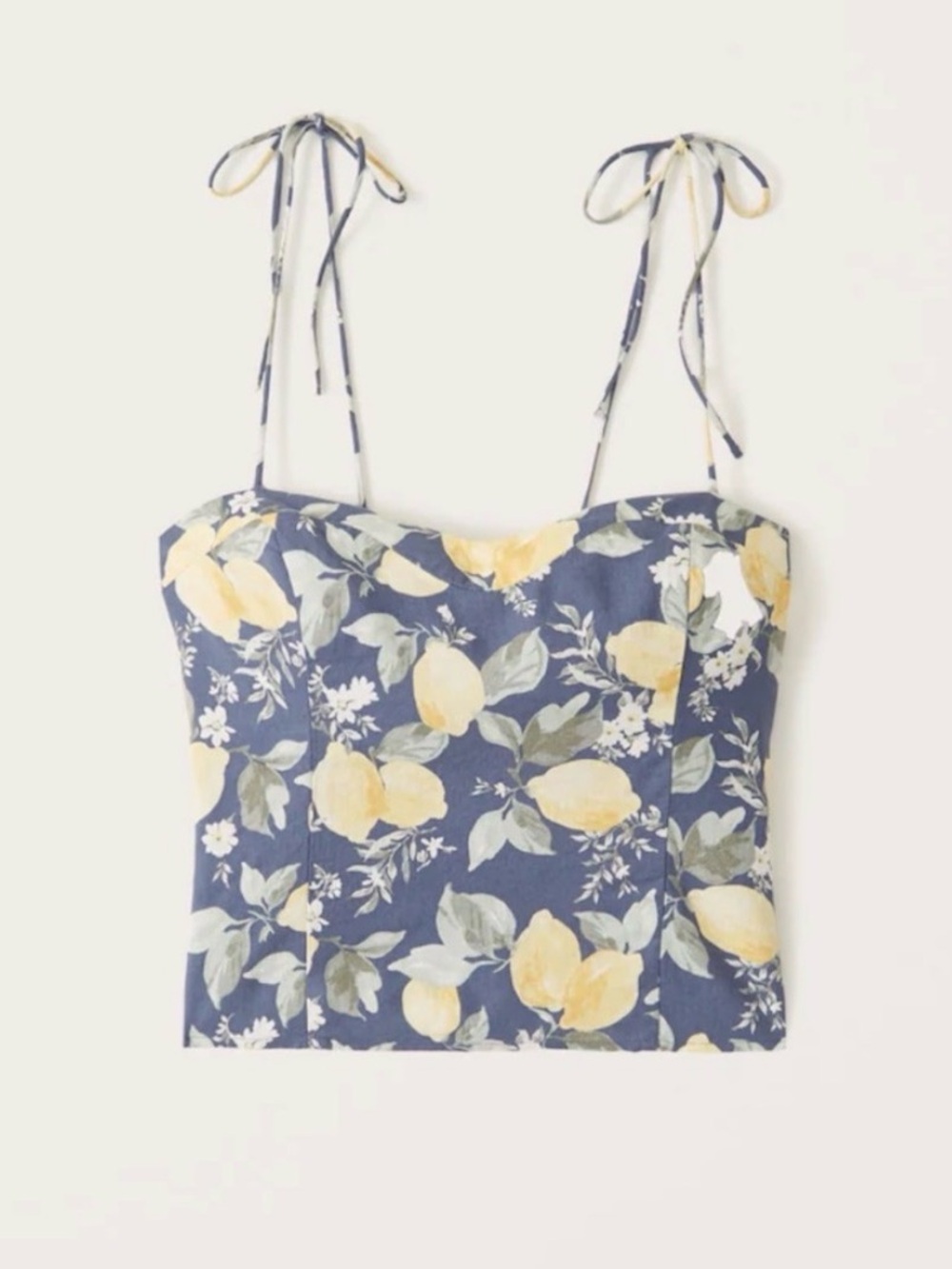 Abercrombie & Fitch Lemon Print Tie-Strap Crop Top Linen Blend Sz M